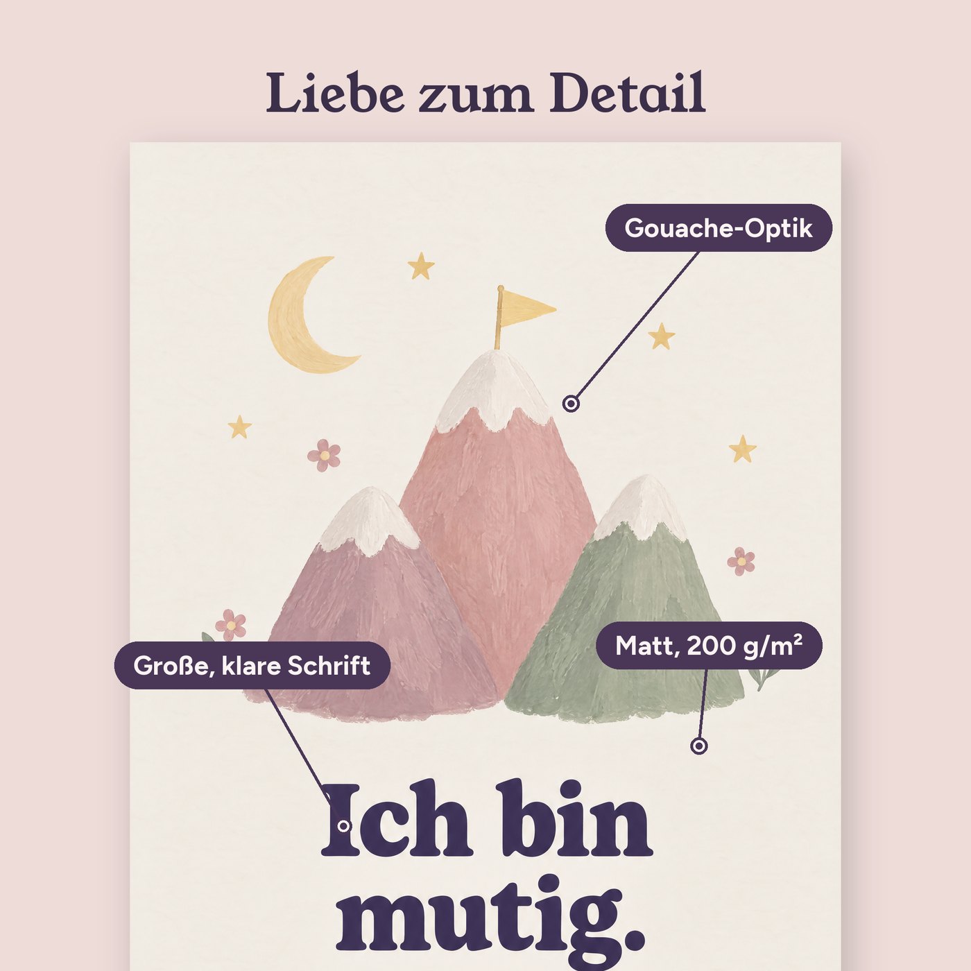 Detail: Gouache-Optik, große Schrift, mattes Papier