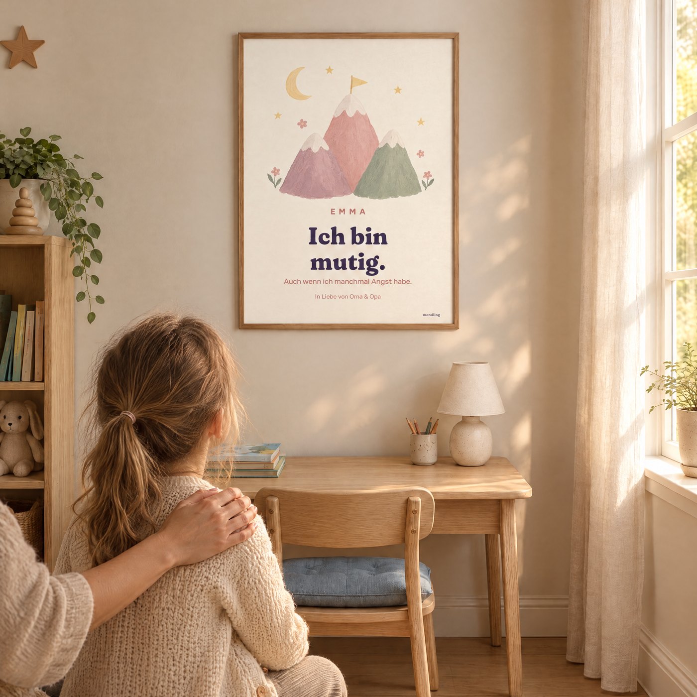 Kind schaut auf sein Poster mit eigenem Namen, eine Hand liegt auf seiner Schulter